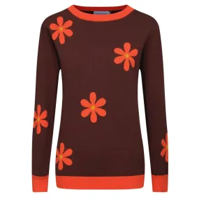 Women's brown floral jacquard vintage knit top