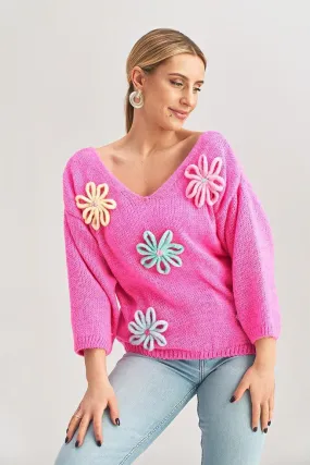 Women's Floral Knit Jumper with 3D Applique (One Size Fits All)