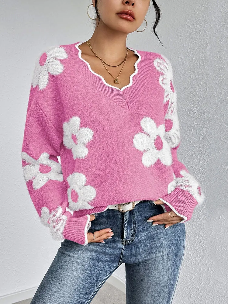 Women's Flowers Print Fuzzy Sweaters Oversized V Neck Chunky Knit Pullover