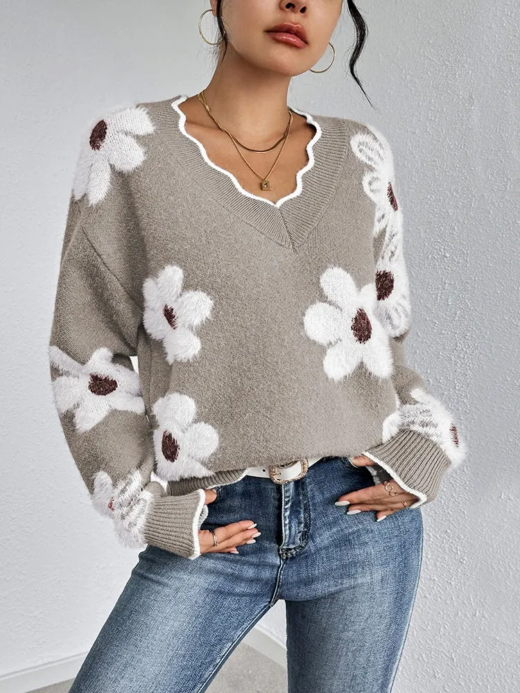 Women's Flowers Print Fuzzy Sweaters Oversized V Neck Chunky Knit Pullover