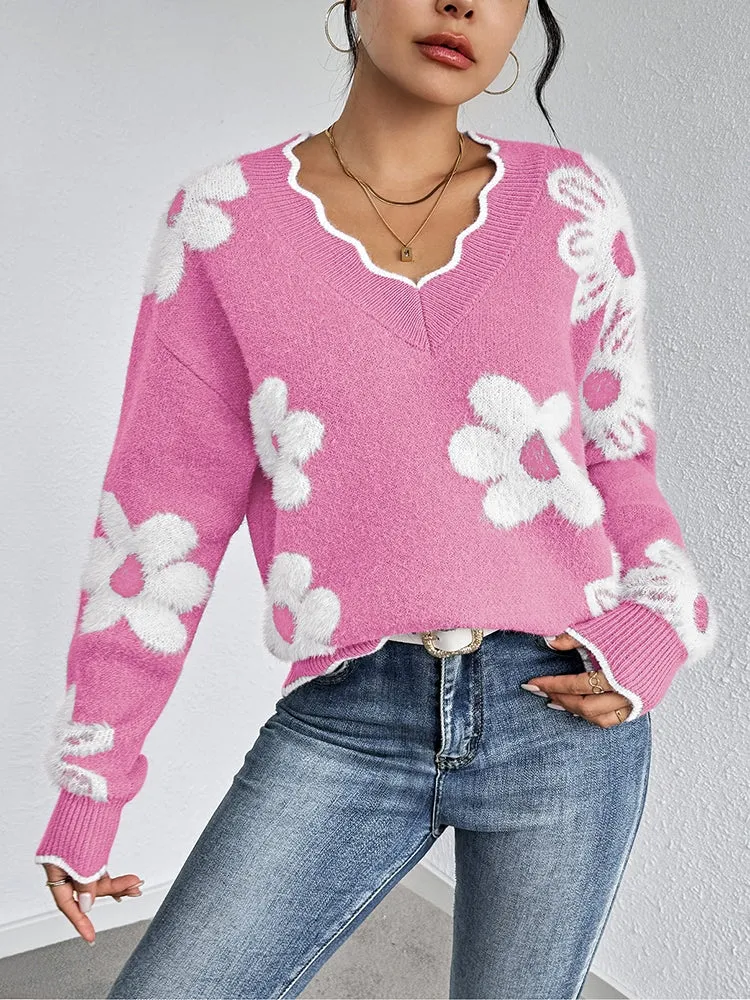 Women's Flowers Print Fuzzy Sweaters Oversized V Neck Chunky Knit Pullover