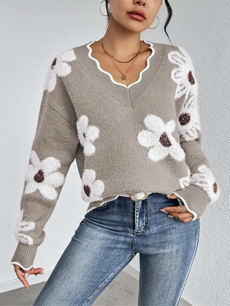 Women's Flowers Print Fuzzy Sweaters Oversized V Neck Chunky Knit Pullover