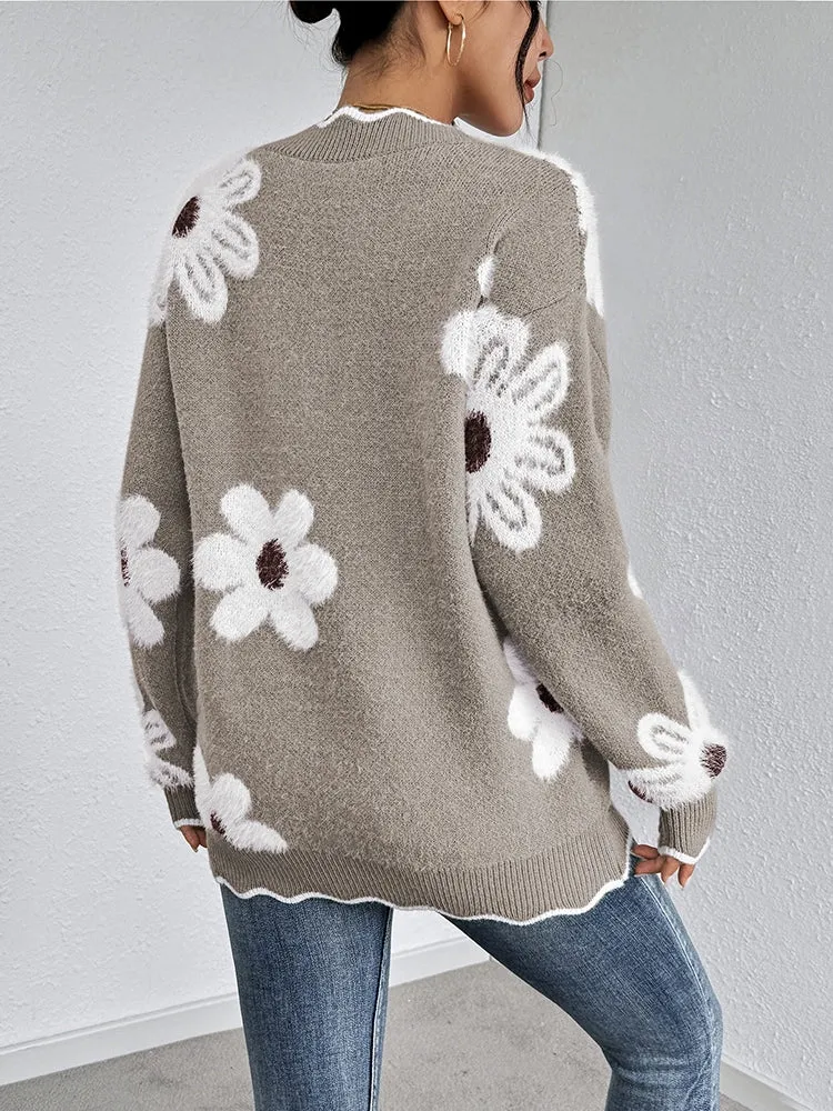 Women's Flowers Print Fuzzy Sweaters Oversized V Neck Chunky Knit Pullover