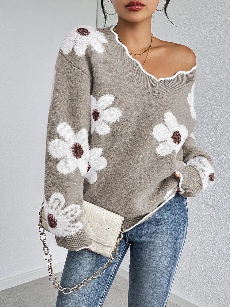 Women's Flowers Print Fuzzy Sweaters Oversized V Neck Chunky Knit Pullover