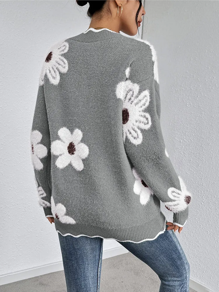 Women's Flowers Print Fuzzy Sweaters Oversized V Neck Chunky Knit Pullover