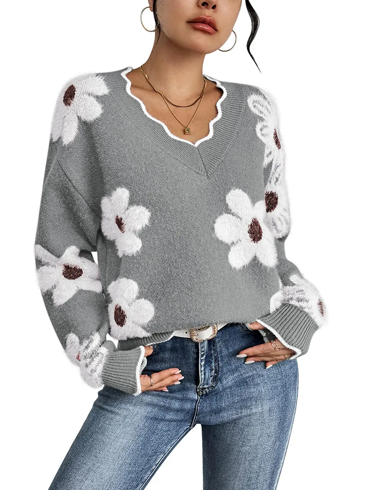 Women's Flowers Print Fuzzy Sweaters Oversized V Neck Chunky Knit Pullover