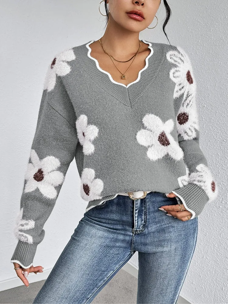 Women's Flowers Print Fuzzy Sweaters Oversized V Neck Chunky Knit Pullover