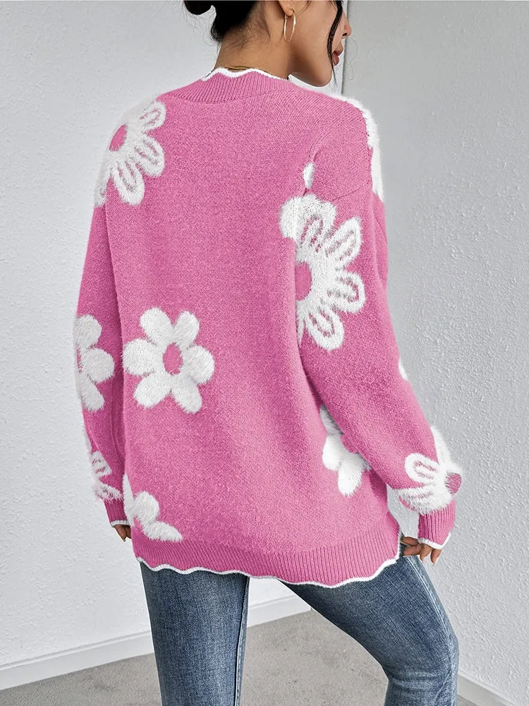 Women's Flowers Print Fuzzy Sweaters Oversized V Neck Chunky Knit Pullover