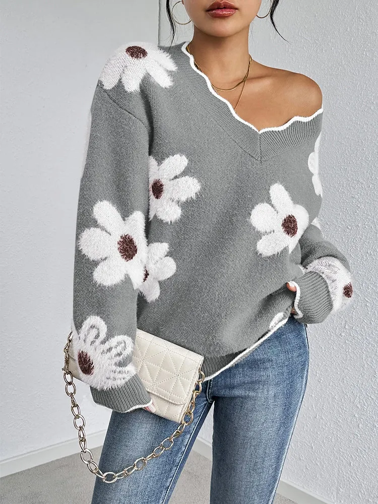 Women's Flowers Print Fuzzy Sweaters Oversized V Neck Chunky Knit Pullover