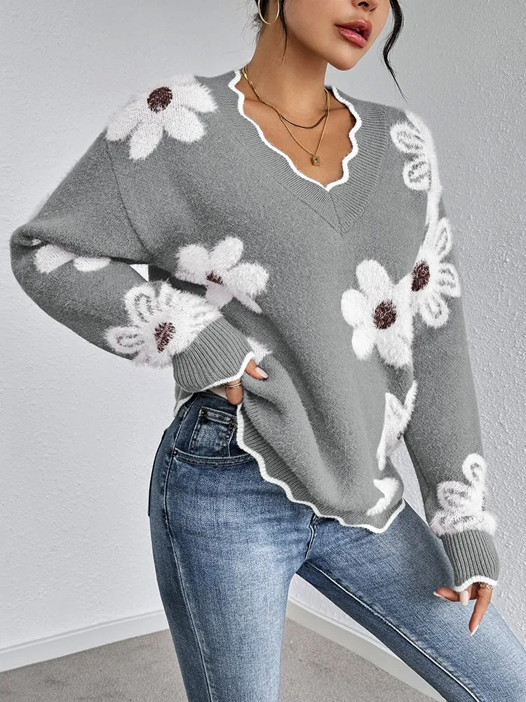 Women's Flowers Print Fuzzy Sweaters Oversized V Neck Chunky Knit Pullover