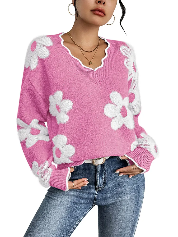 Women's Flowers Print Fuzzy Sweaters Oversized V Neck Chunky Knit Pullover