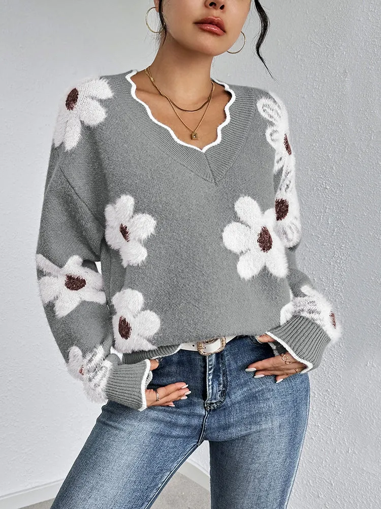 Women's Flowers Print Fuzzy Sweaters Oversized V Neck Chunky Knit Pullover