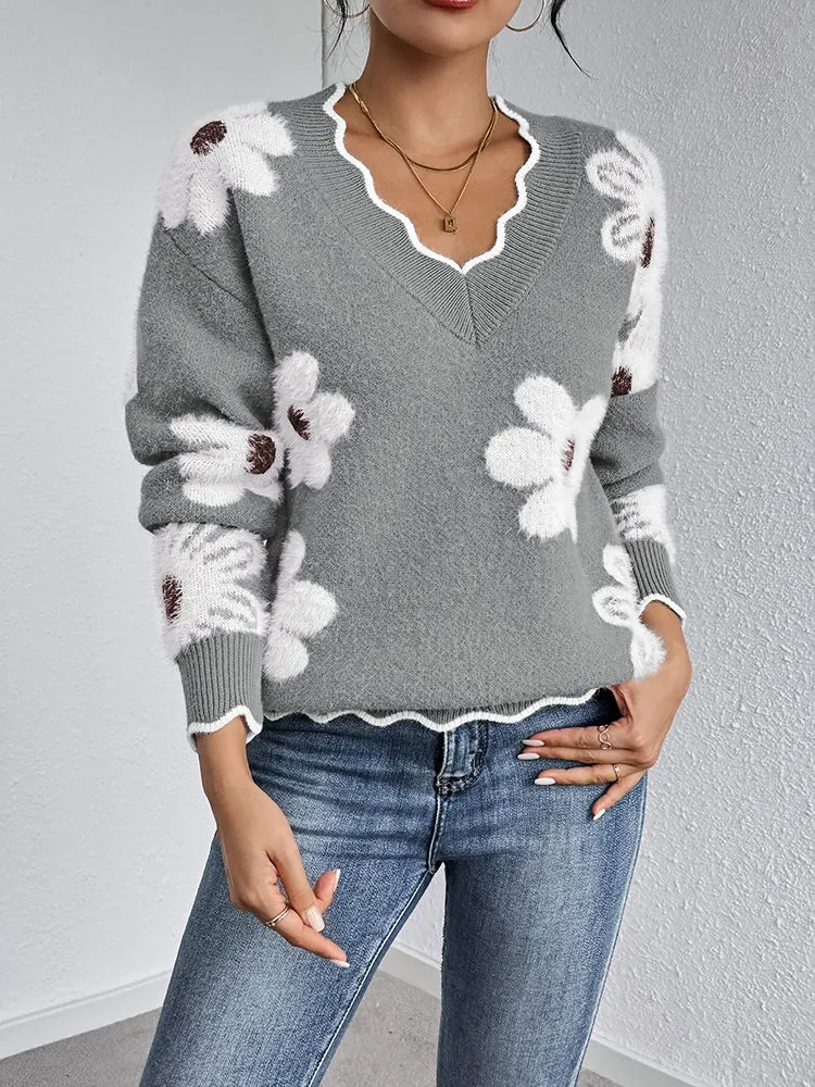 Women's Flowers Print Fuzzy Sweaters Oversized V Neck Chunky Knit Pullover