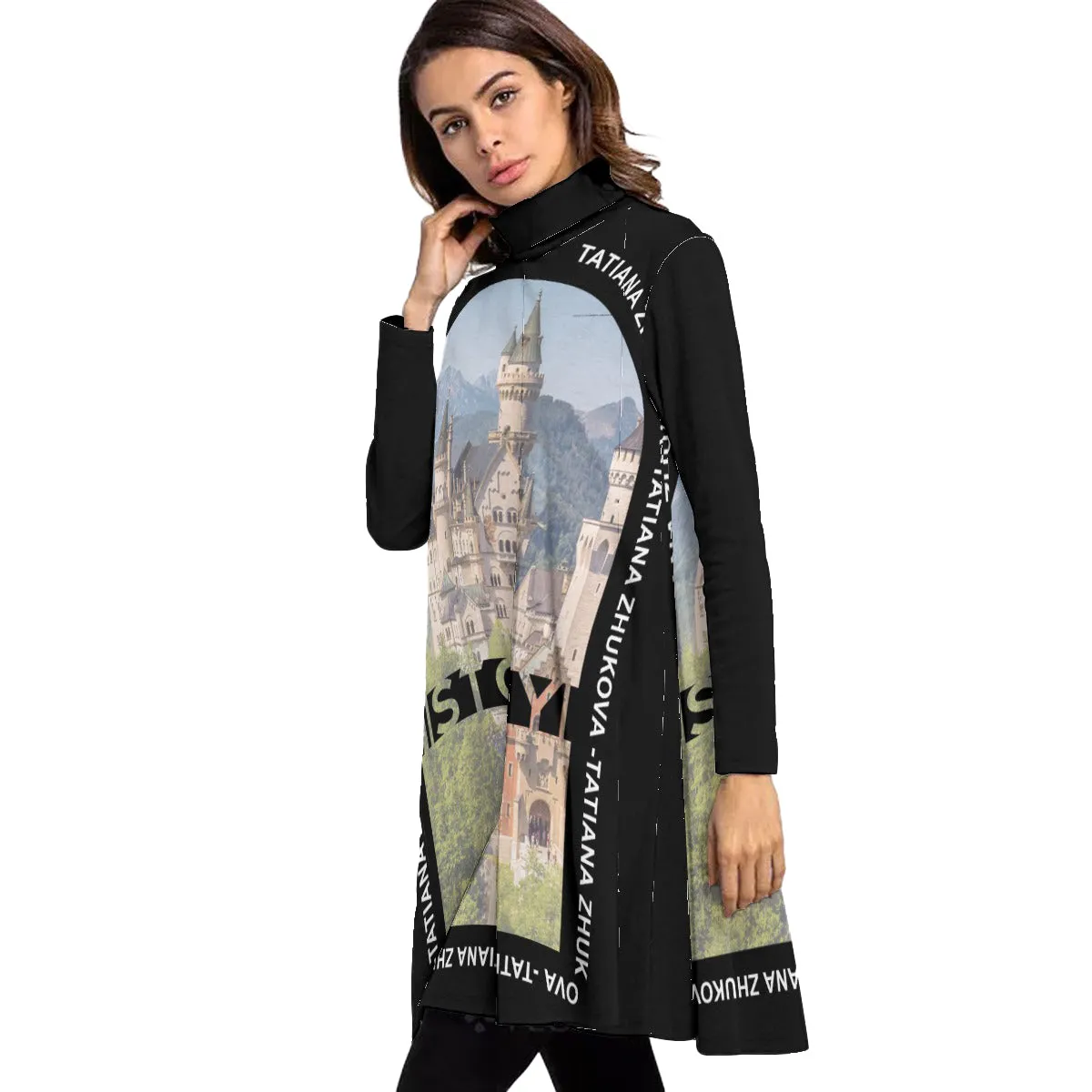 Women's High Neck Dress With Long Sleeve - Black