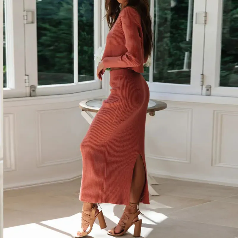 Women's Knitted Long Sleeved Jumper and Long Slit Skirt Outfit Set