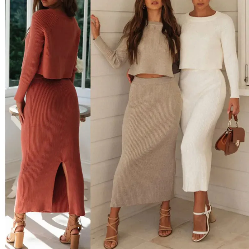 Women's Knitted Long Sleeved Jumper and Long Slit Skirt Outfit Set