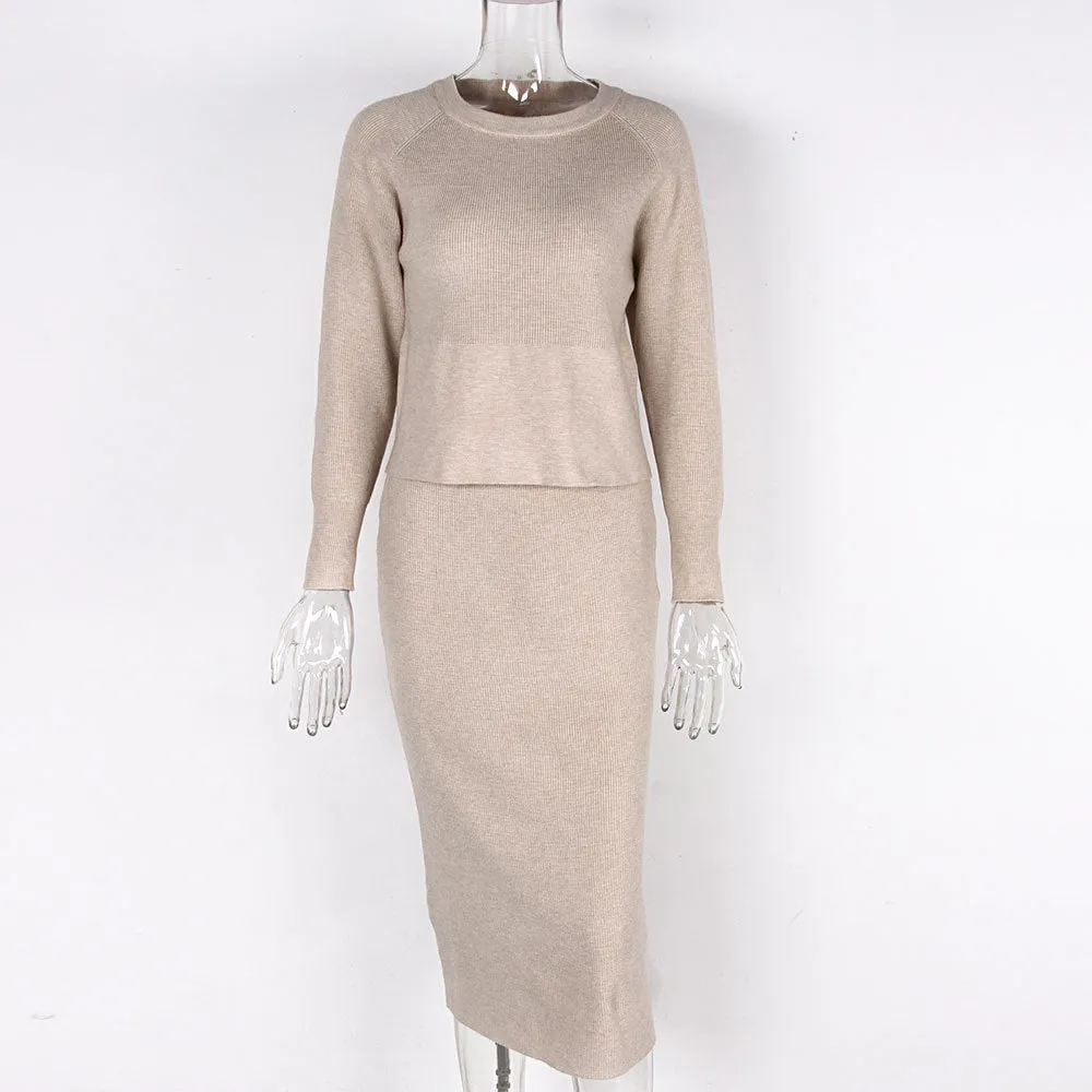 Women's Knitted Long Sleeved Jumper and Long Slit Skirt Outfit Set