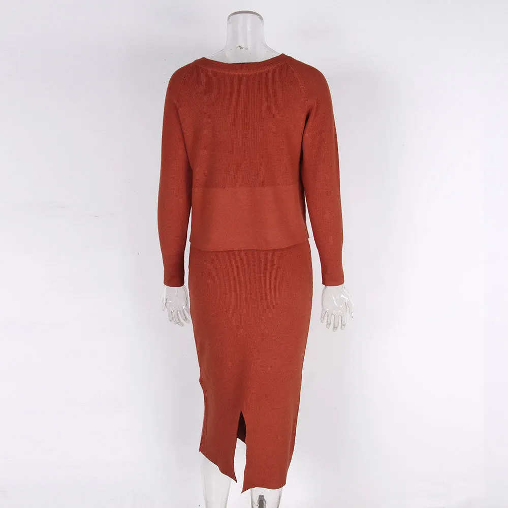 Women's Knitted Long Sleeved Jumper and Long Slit Skirt Outfit Set