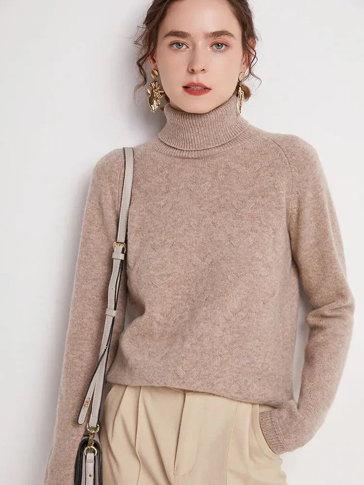 Women's Regular Fit Merino Wool Turtleneck Sweater with Raglan Sleeves for Autumn/Winter