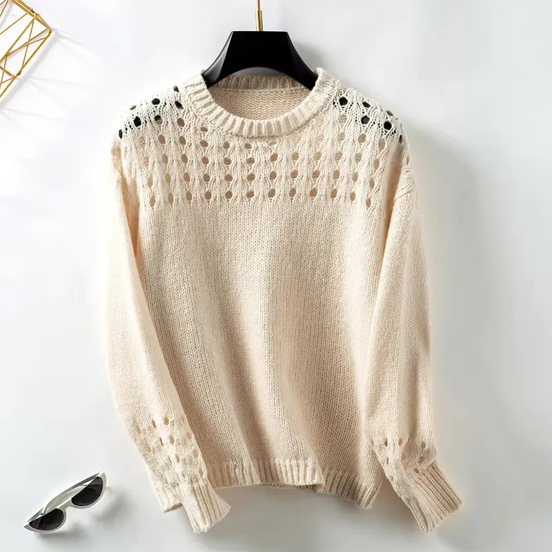 Women's Solid Crewneck Sweater with Hollow Details