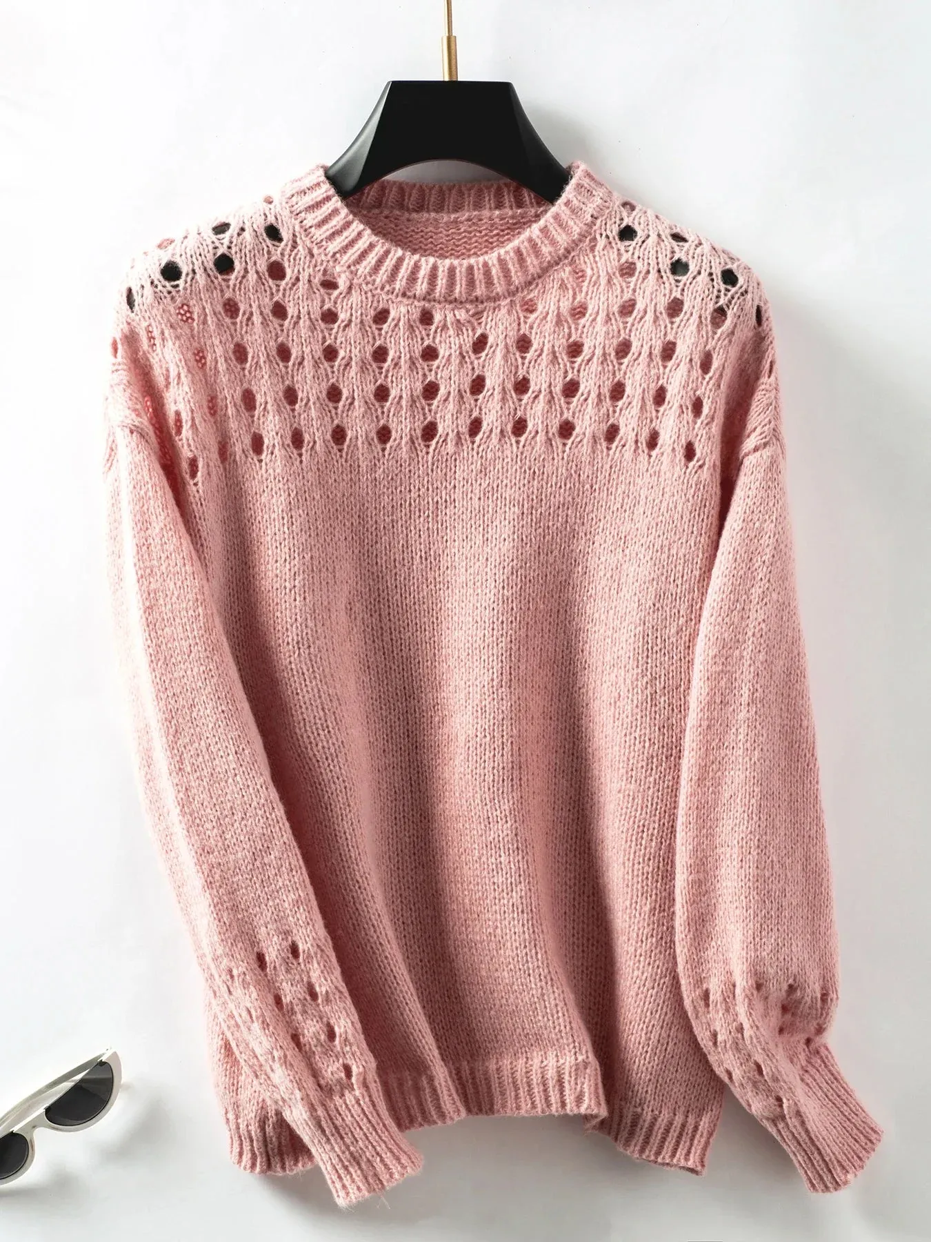 Women's Solid Crewneck Sweater with Hollow Details