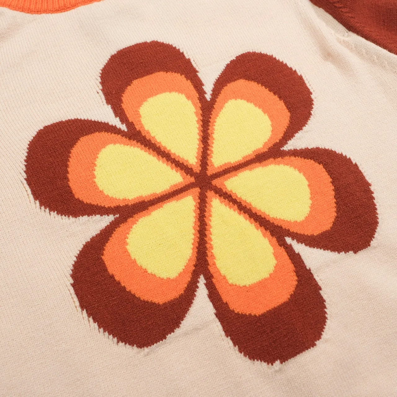 Women's vintage brown floral knitted long-sleeved T-shirt