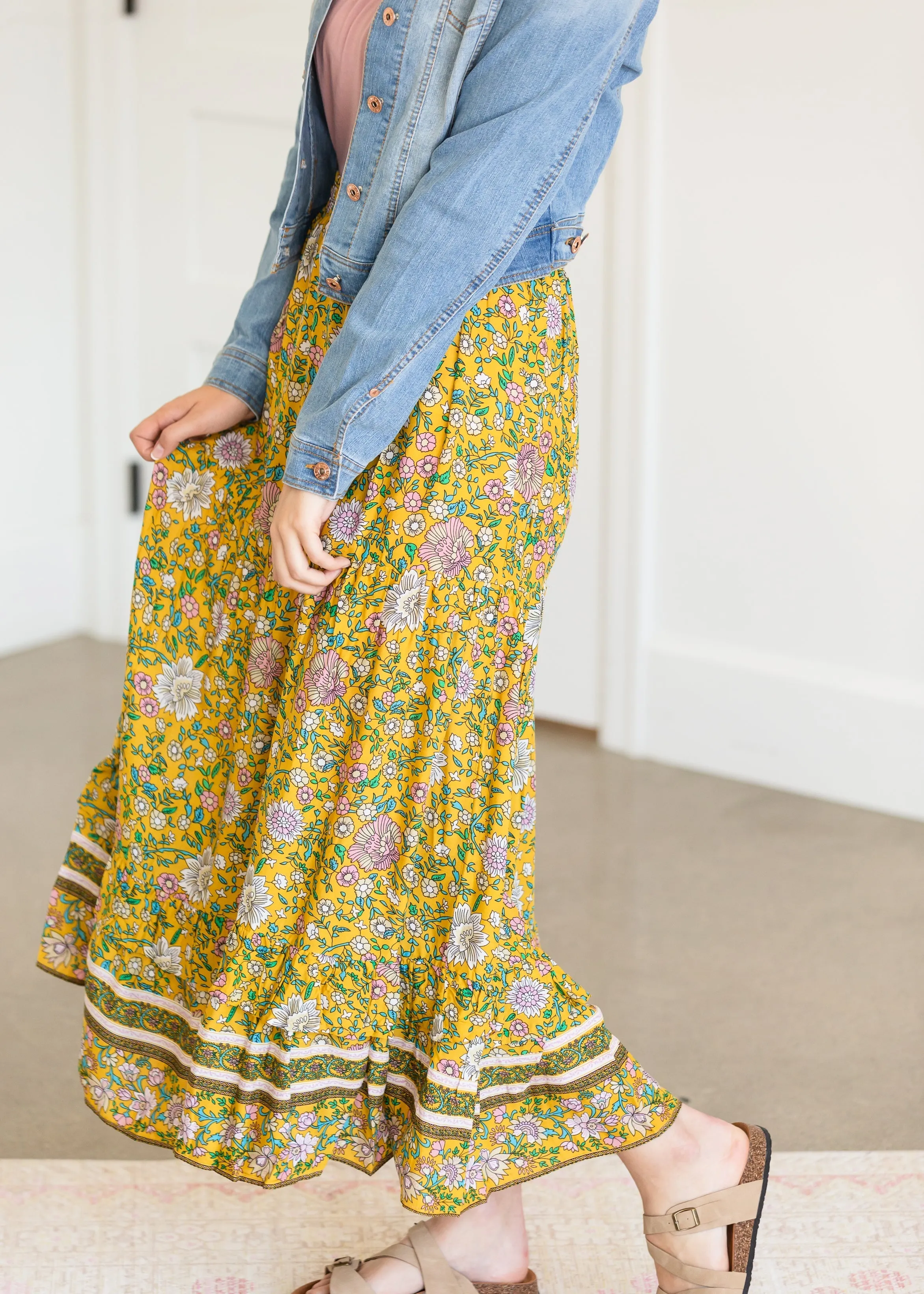 Yellow Floral Waist Tie Midi Skirt - FINAL SALE