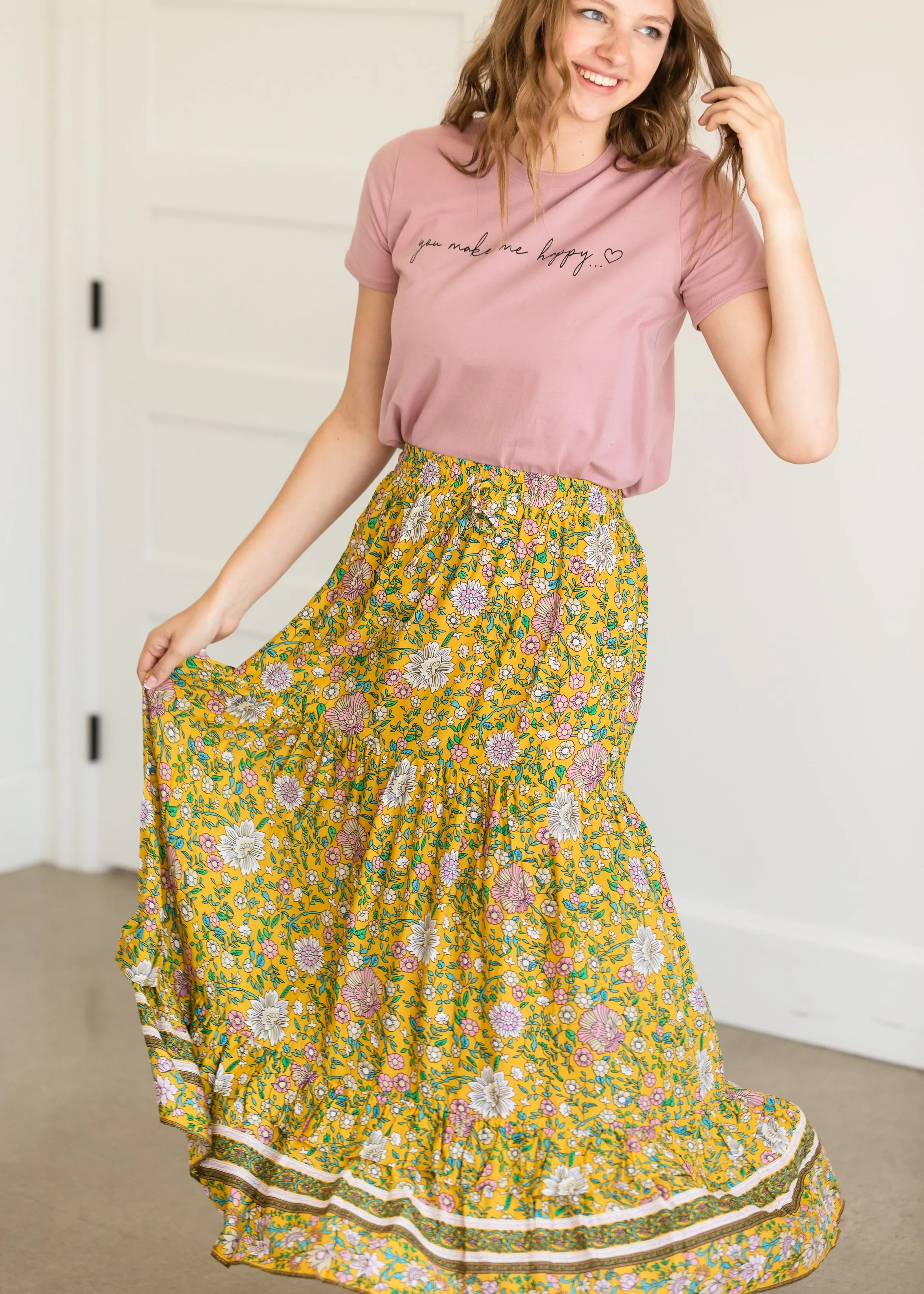 Yellow Floral Waist Tie Midi Skirt - FINAL SALE