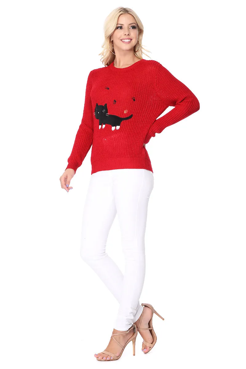 YEMAK Women's Black Cat Applique Crewneck Long Sleeve Casual Knit Pullover Sweater MK8207