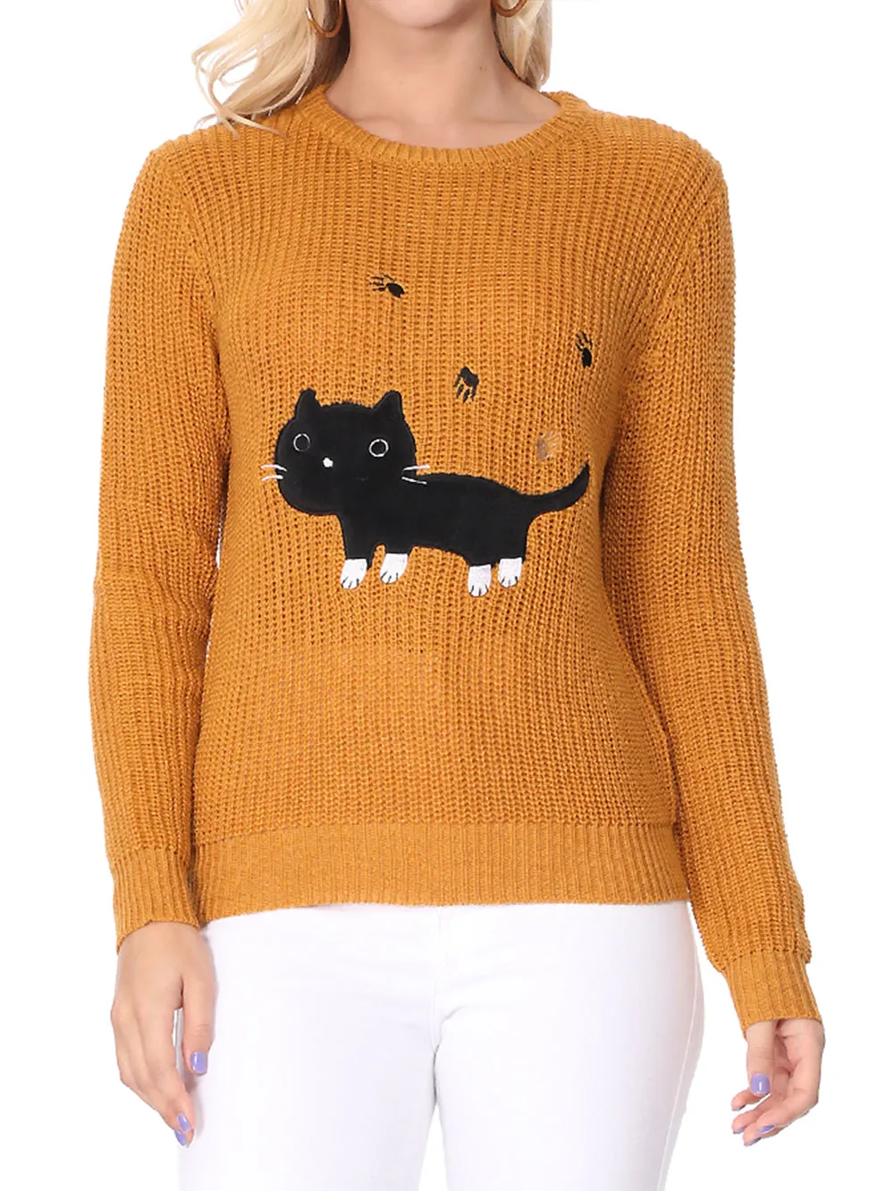 YEMAK Women's Black Cat Applique Crewneck Long Sleeve Casual Knit Pullover Sweater MK8207