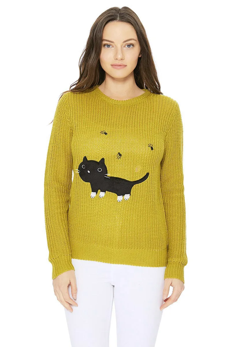 YEMAK Women's Black Cat Applique Crewneck Long Sleeve Casual Knit Pullover Sweater MK8207