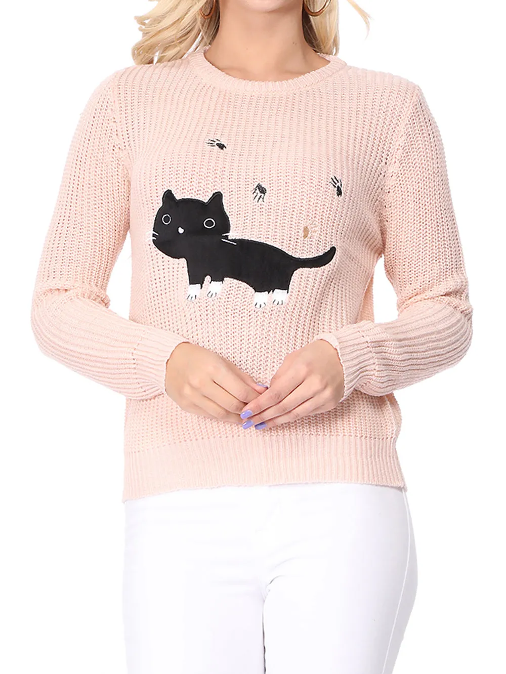 YEMAK Women's Black Cat Applique Crewneck Long Sleeve Casual Knit Pullover Sweater MK8207