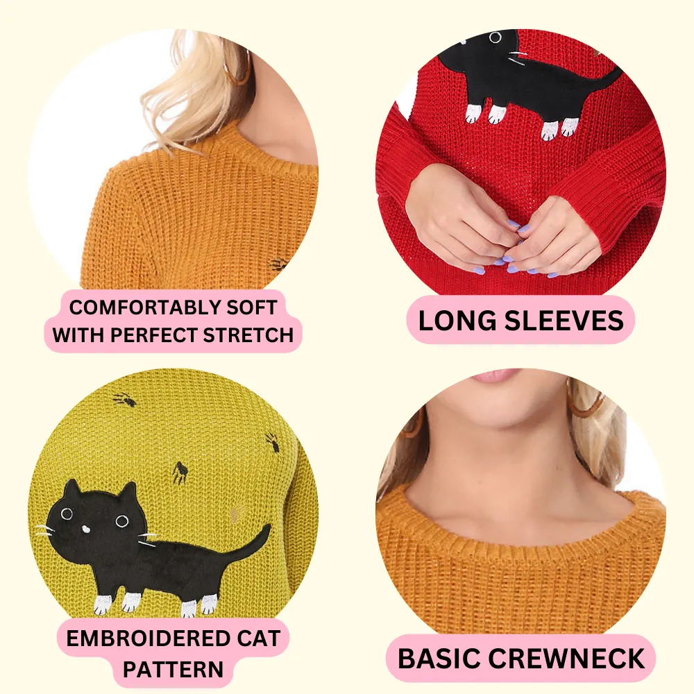 YEMAK Women's Black Cat Applique Crewneck Long Sleeve Casual Knit Pullover Sweater MK8207