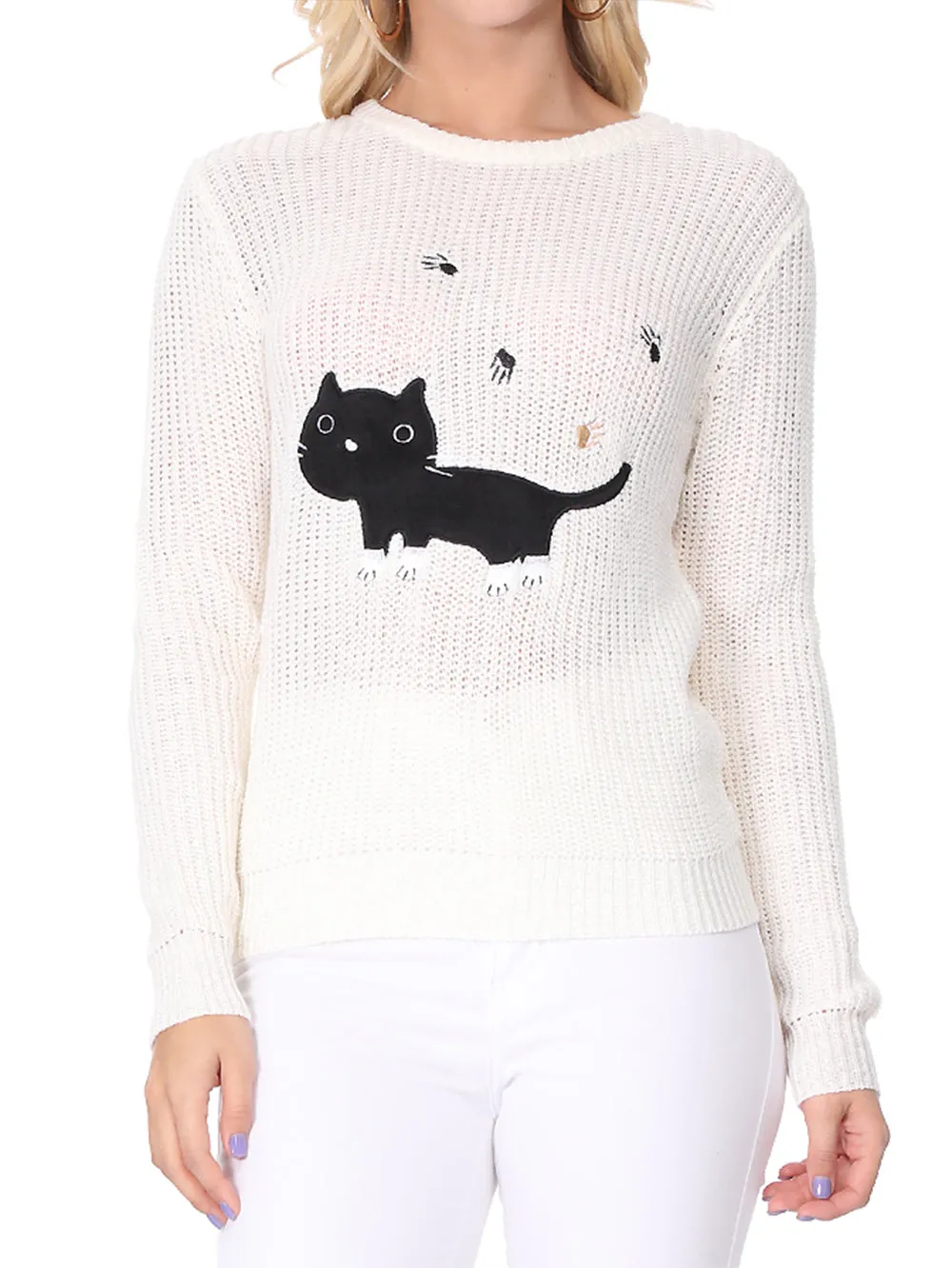 YEMAK Women's Black Cat Applique Crewneck Long Sleeve Casual Knit Pullover Sweater MK8207