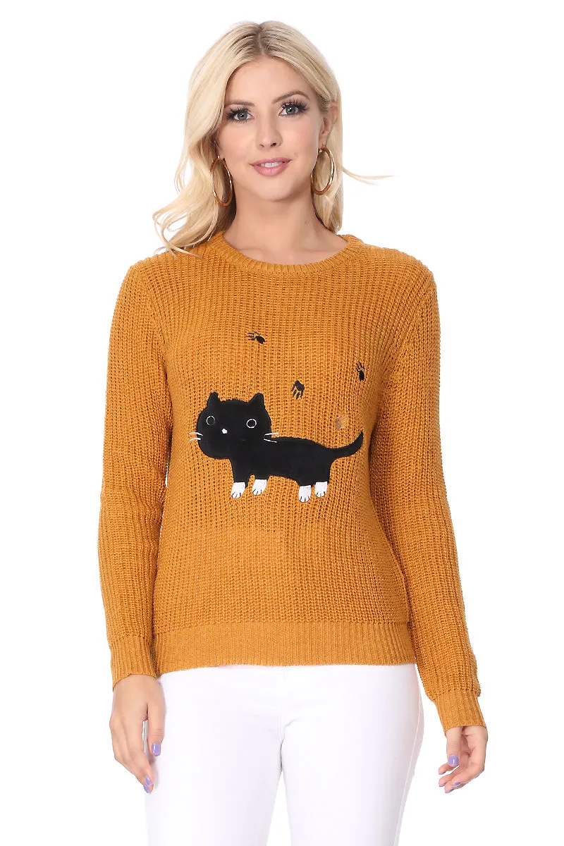 YEMAK Women's Black Cat Applique Crewneck Long Sleeve Casual Knit Pullover Sweater MK8207