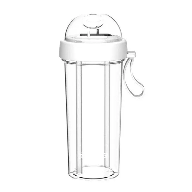 YMEEI 600ML Dual Straw Separate Drink Water Bottle Portable Beverage Bottle Couples Food Grade Plastic Anti-leak Water Bottle