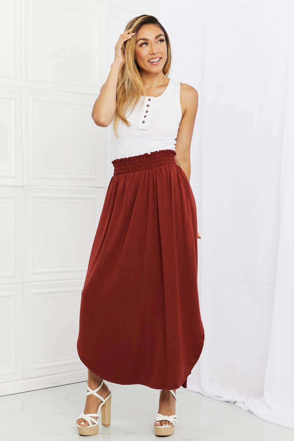 Zenana It's My Time Full Size Side Scoop Scrunch Skirt in Dark Rust