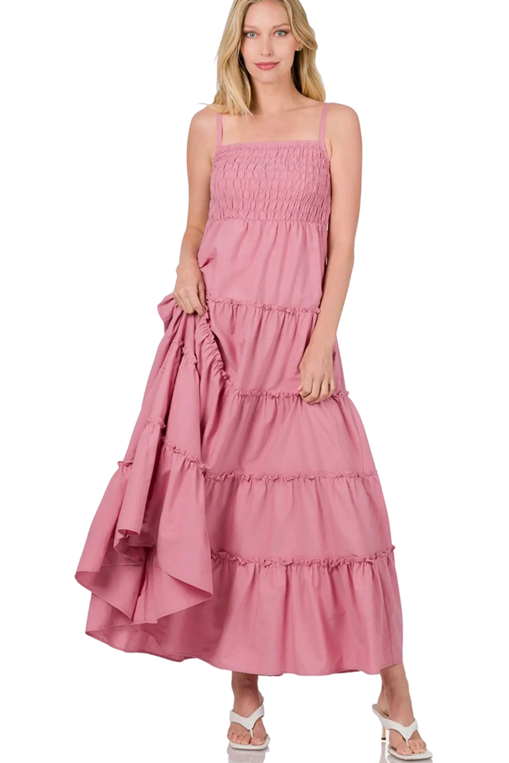 Zenana Woven Smocked Tiered Cami Maxi Dress