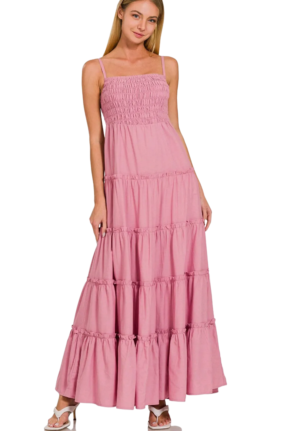 Zenana Woven Smocked Tiered Cami Maxi Dress